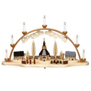 Schwibbogen Seiffener Kirche mit  Kurrende und Laternenkindern