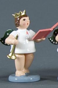 Geschenkeengel mit Trompete und Buch mit Krone