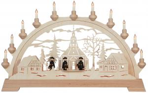 Schwibbogen Seiffener Kirche mit 3 Figuren und Vorbeleuchtung