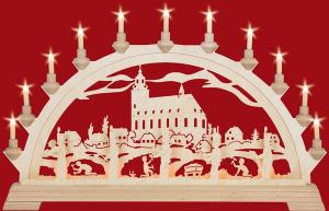 Schwibbogen Schneeberger Kirche mit Vorbeleuchtung