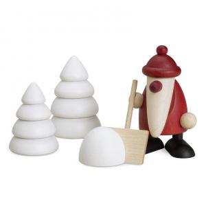Miniaturset 4 - Weihnachtsmann mit Schneeschippe und 2 Winterbäumen