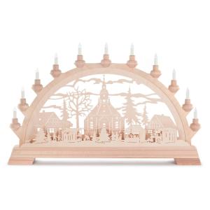 Schwibbogen mit Seiffener Weihnachtsmarkt, mit Vorbeleuchtung