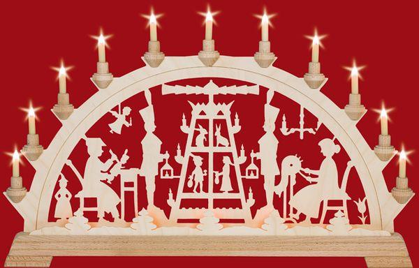 Schwibbogen Pyramide,Schnitzer u. Klöppelfrau mit Vorbeleuchtung