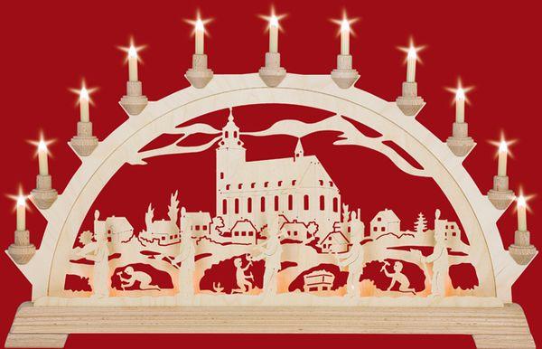 Schwibbogen Schneeberger Kirche mit Vorbeleuchtung