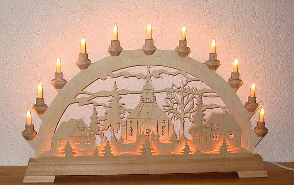 Schwibbogen Seiffener Kirche 3 Ebenen mit Vorbeleuchtung