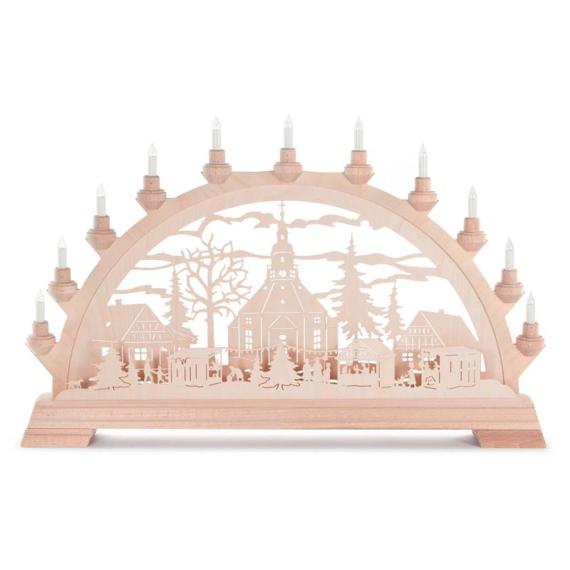 Schwibbogen mit Seiffener Weihnachtsmarkt, mit Vorbeleuchtung