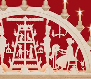 Schwibbogen Pyramide,Schnitzer u. Klöppelfrau mit Vorbeleuchtung