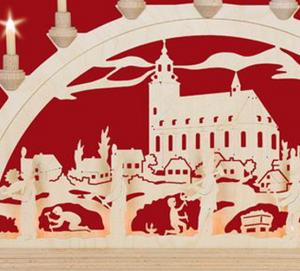 Schwibbogen Schneeberger Kirche mit Vorbeleuchtung