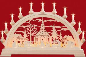 Schwibbogen Seiffener Kirche mit Weihnachtsmarkt, mit Vorbeleuchtung