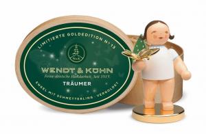 Limitierte Goldedition Nr.13 Träumer, Engel mit Schmetterling auf Metallsockel, Haarfarbe dunkel